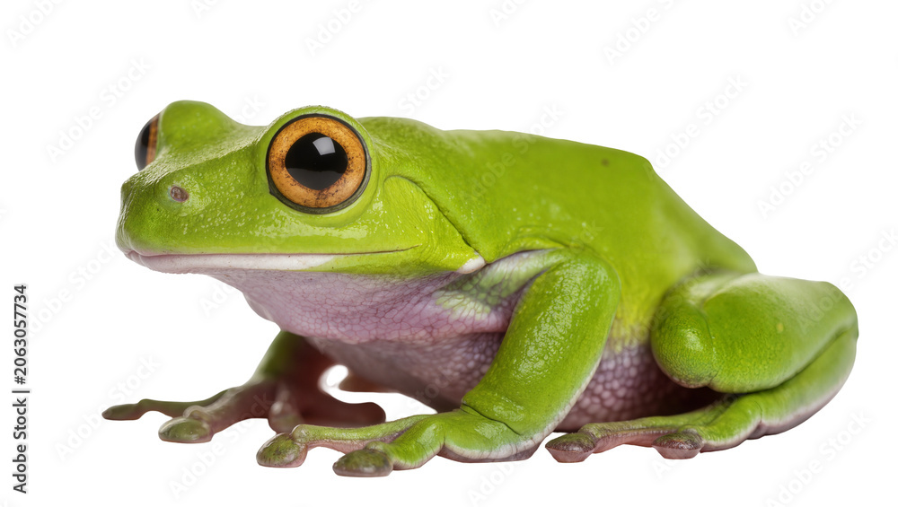 Obraz premium Green tree frog with large orange eyes and pink belly
