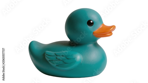 Canvas Print Teal rubber duck toy with orange beak and black eye
