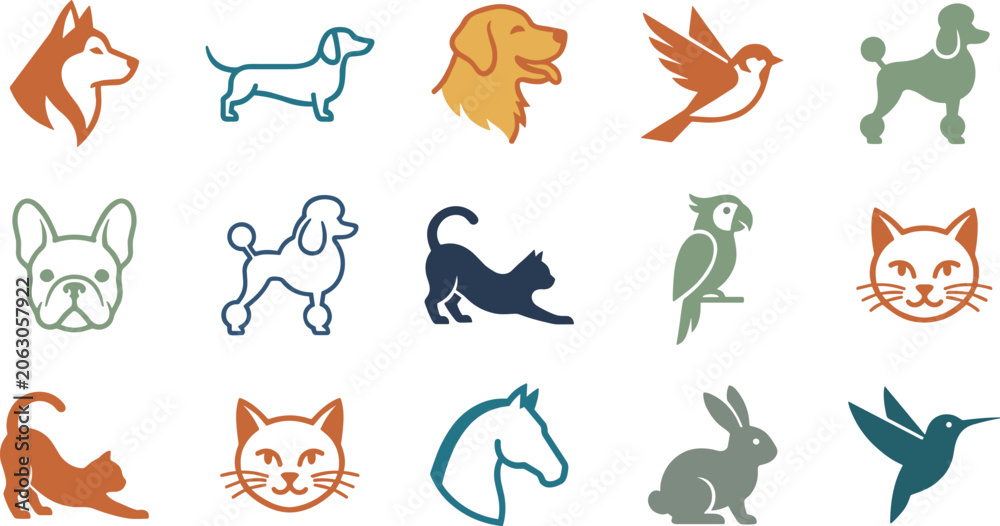 Obraz premium Animal Silhouette Icon Set with Dog, Cat, Bird, Horse, Rabbit, Parrot, and Pet Logo Design Elements