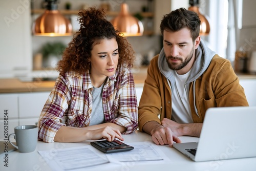 Young couple calculating family budget and managing finances at home kitchen table
