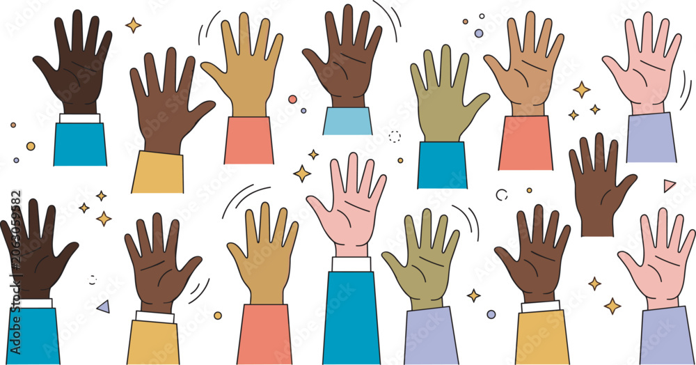 Fototapeta premium Many diverse multicultural hands raised up in the air celebrating community unity volunteer teamwork inclusion and democracy vector flat illustration on white background
