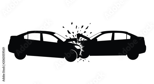 Tableau sur toile Two cars colliding in a crash black silhouette on a white background silhouette