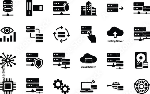 Set of data center and cloud computing network infrastructure icons for enterprise information technology management