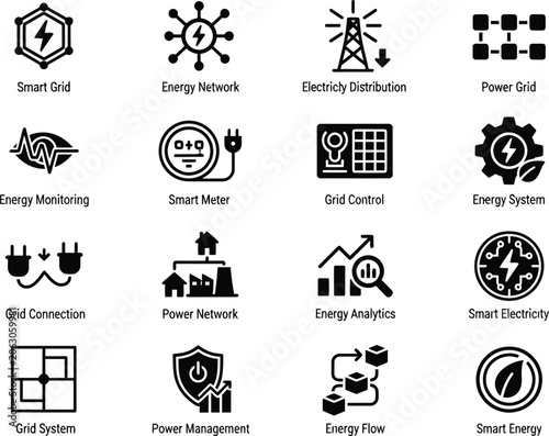 Set of energy grid and power distribution icons for modern utility infrastructure management and monitoring systems