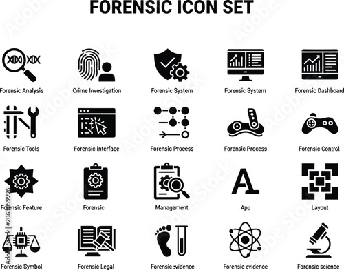 Set of forensic science and crime scene investigation icons featuring analysis tools and data systems