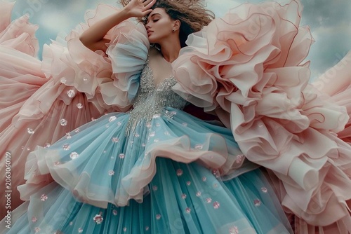 A model in a shimmering ball gown crafted from soft blue and blush pink fabric by embroidery and sparkling embellishments