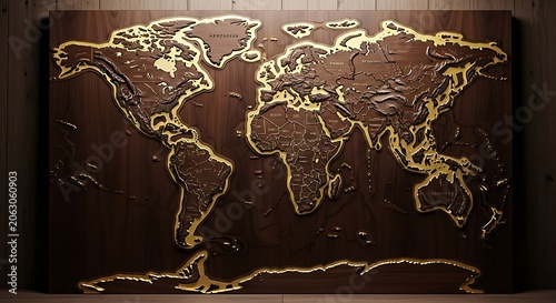 A 3D golden world map on a dark wooden background