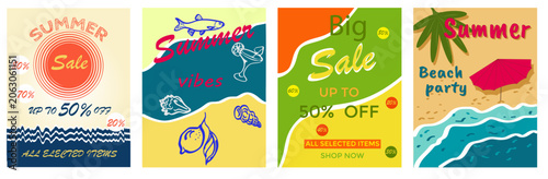 Summer sale flyer in a trendy flat design. Summer banner template featuring a seaside beach and beach holiday elements. Vector illustration. Summer greeting card template.
