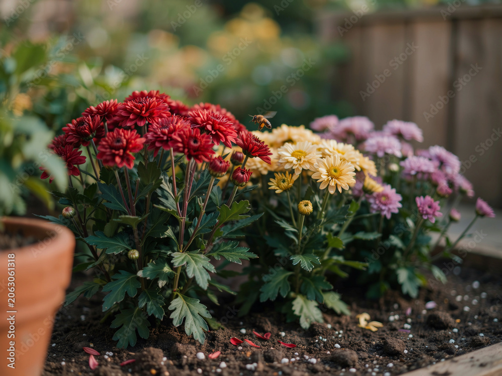 Naklejka premium Vibrant garden flowers in red yellow and purple with a bee flying overhead naturally