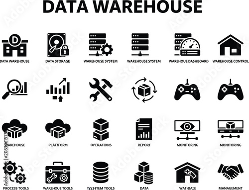 Set of black data warehouse and information technology icons for professional business and software development