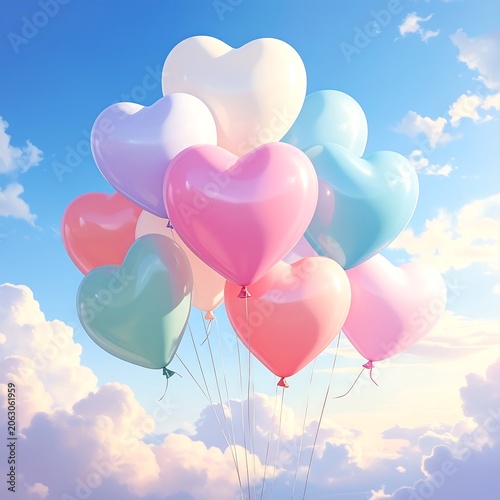 A vibrant cluster of heart-shaped balloons floating in a serene blue sky with fluffy white clouds