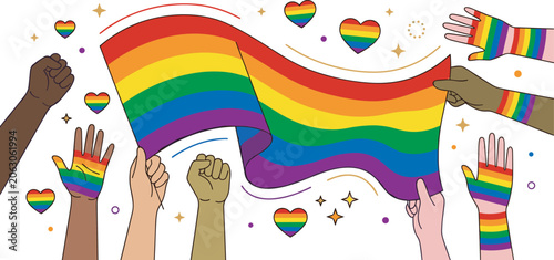Slika na platnu Diverse hands holding waving rainbow flag with hearts and raised fists celebrati