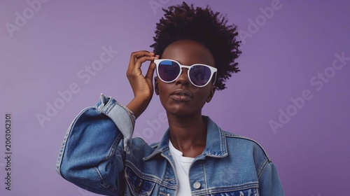 A girl in a denim jacket adjusting their sunglasses while looking into the distance, standing against a purple background