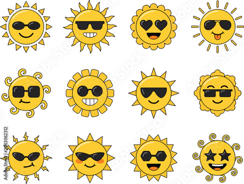 Funny Sun Emoji Vector Set with Sunglasses and Smiling Faces, Cute Cartoon Sunshine Emoticon Collection, Summer Weather Character Icons Isolated on White Background