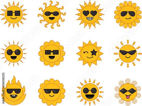 Funny Sun Emoji Vector Set with Sunglasses and Smiling Faces, Cute Cartoon Sunshine Emoticon Collection, Summer Weather Character Icons Isolated on White Background