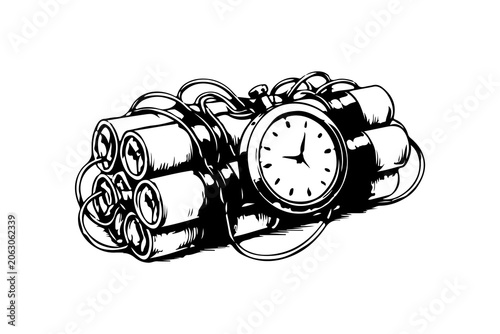Photos Simple hand drawn bomb detonator with timer sketch, engraved explosive dynamite illustration