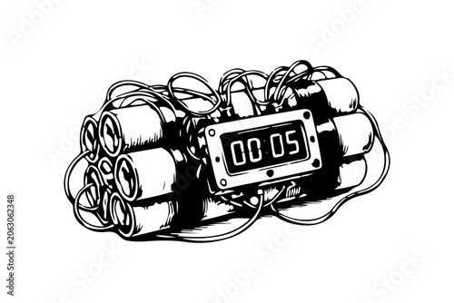 Tableau sur toile Simple hand drawn bomb detonator with timer sketch, engraved explosive dynamite illustration