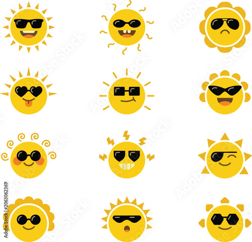 Funny Sun Emoji Vector Set with Sunglasses and Smiling Faces, Cute Cartoon Sunshine Emoticon Collection, Summer Weather Character Icons Isolated on White Background