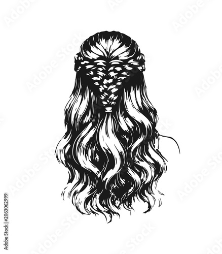 Simple hand drawn female portrait with braided hair, pencil sketch, engraved long hair hairstyle fashion illustration.