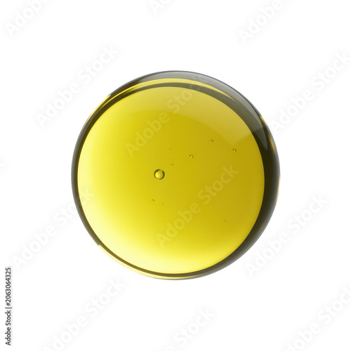 A circular drop of golden yellow liquid oil isolated on a solid , showing clear surface tension and small internal air bubbles