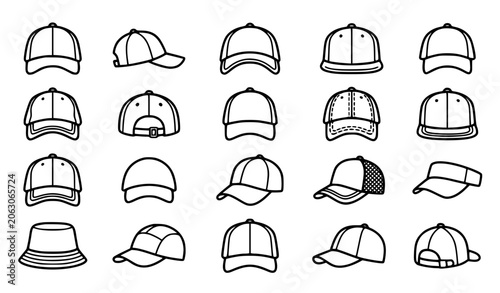 Baseball Cap and Hat Icon Set: Minimalist Vector Collection for Fashion and Apparel Branding