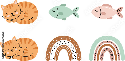 Obraz na plátně Vector illustration of sleeping cat, colorful fish, and decorative rainbows repr