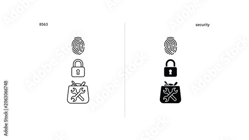 Data security and technical maintenance icons set with fingerprint and padlock and tool bag for cybersecurity and repair service concepts in vector style