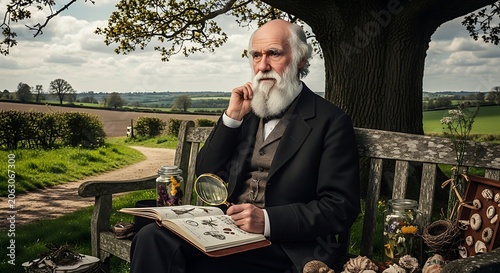 A 19th-century man with a white beard sits on a weathered bench, intently studying a book through a magnifying glass