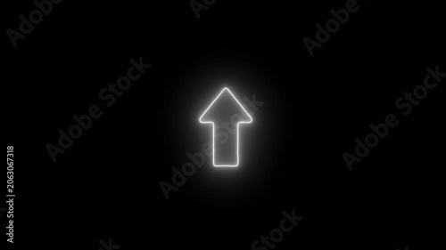 Glowing neon arrow sign pointing upward, minimalist white light ui on black background