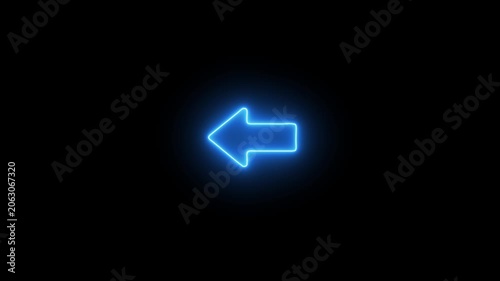 Glowing neon left arrow sign pulsing on black background, minimalist digital directional indicator for ui and motion