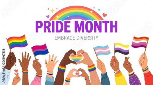 Pride month celebration with diverse hands holding lgbtq flags isolated on white background