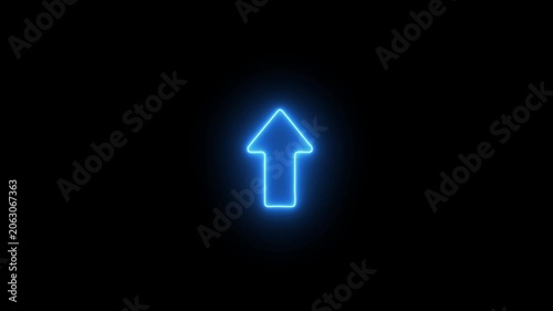 Neon blue glowing arrow pulsing on black background, digital interface ui for navigation and directional signage