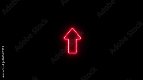 Glowing red neon arrow sign pointing up, minimalist digital motion for ui and navigation