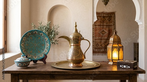 Authentic Arabic Coffee Pot, Lantern, and Decorative Plate in Oriental Setting