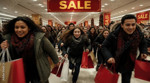 Diverse Crowd Rushing Through Store During Massive Sale Event With Shopping Bags