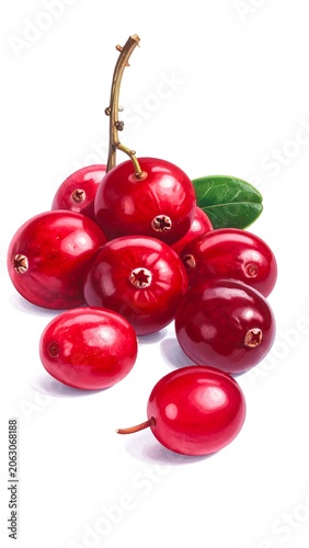 A vibrant cluster of red berries on a stem with a green leaf against a white background