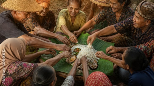 Diverse group of villagers joyfully sharing a communal meal of rice and food served on banana leaves, fostering unity and tradition.