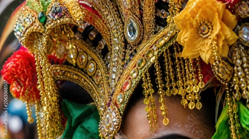 Elaborate Golden Headdress Adorned with Jewels and Beads for Festival Performance