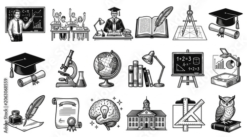 Collection of Hand Drawn Educational and Scientific Icons.