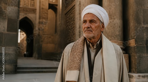 Elderly Man in Traditional Turban and Robes Standing Outside Ancient Architecture