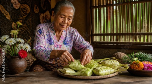 Elderly Indonesian Grandmother Skillfully Prepares Traditional Ketupat Rice Cakes, Preserving Culinary Heritage