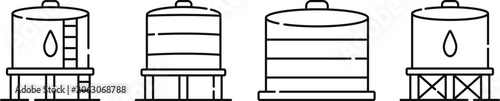 Water Storage Tank Icons Set Vector Illustration, Agricultural Water Reservoir and Farming Infrastructure Line Art Design