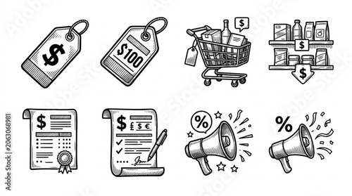 Collection of Hand Drawn Icons Representing Retail and Commerce.