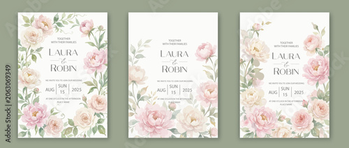 Elegant wedding invitation card template design with abstract watercolor flowers and leaves vector