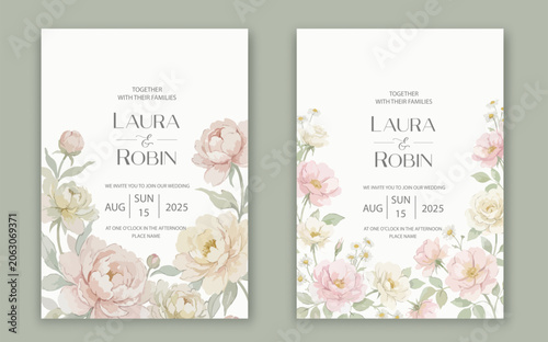Elegant wedding invitation card template design with abstract watercolor flowers and leaves vector