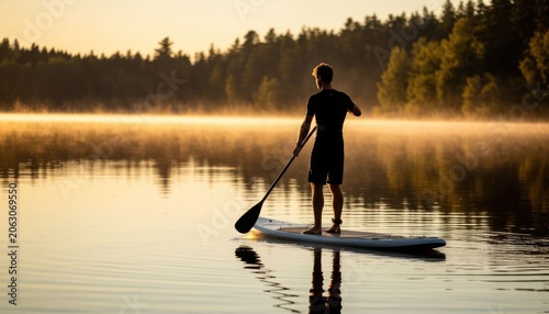 Paddle Boarder at Sunrise on Calm Lake