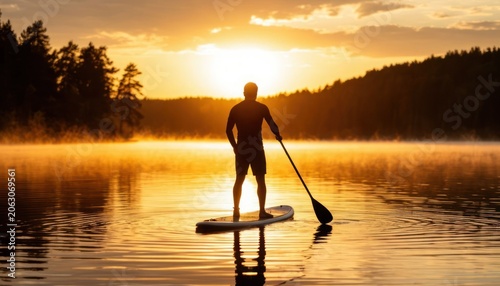 Paddle Boarder at Sunrise on Calm Lake