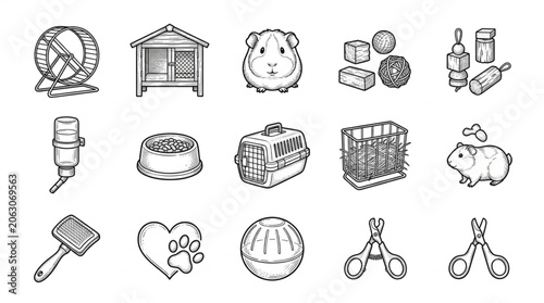 Collection of Hand Drawn Guinea Pig Accessories and Supplies.