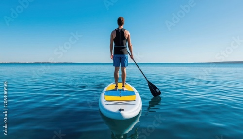 Paddle Board Floating on Calm Water with Copy Space