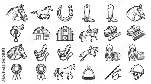 Collection of hand drawn horse and equestrian related icons and symbols.